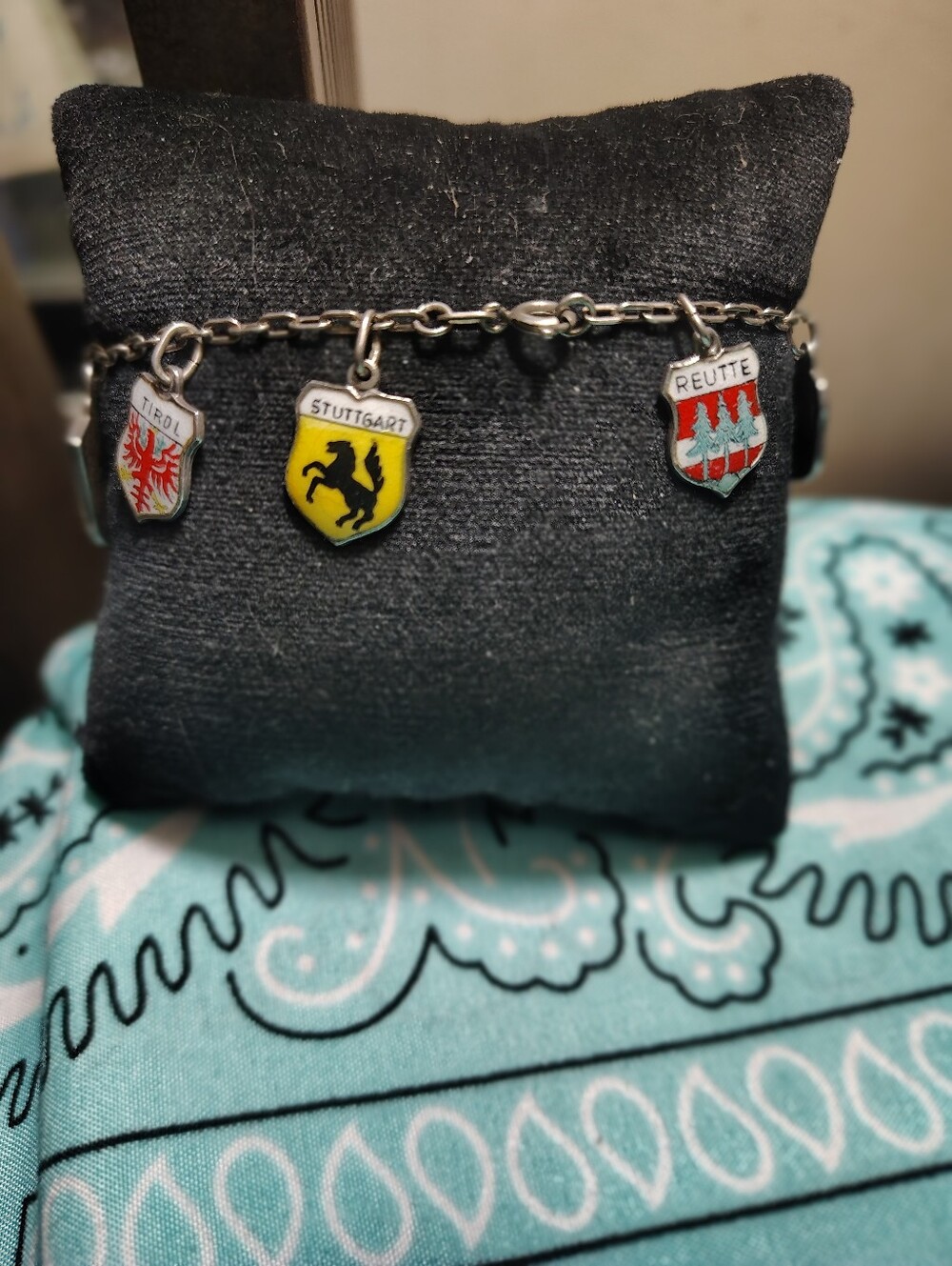 European German Crest Charm Bracelet with 8 enamel/Sterling silver Charms